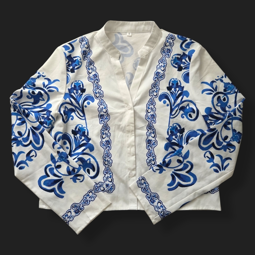 Retro Floral White and Blue Long Sleeve Top